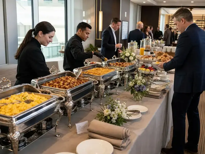 Fremont Catering Company staff serving a polished corporate breakfast buffet with hot entrées, pastries, fruit, and beverages.