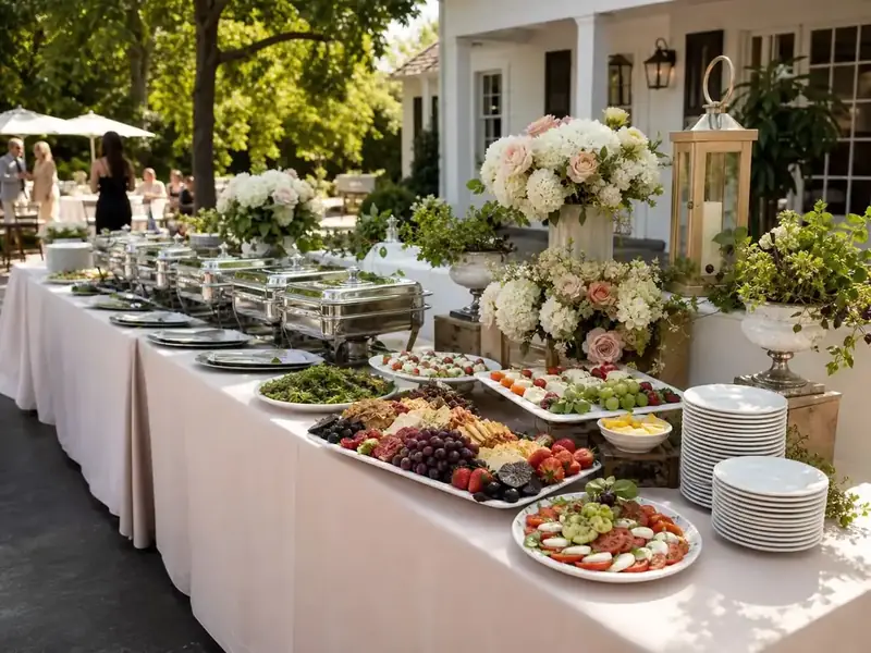 Fremont Catering Company wedding buffet with silver chafing dishes, charcuterie, salads, white florals, and outdoor garden seating.